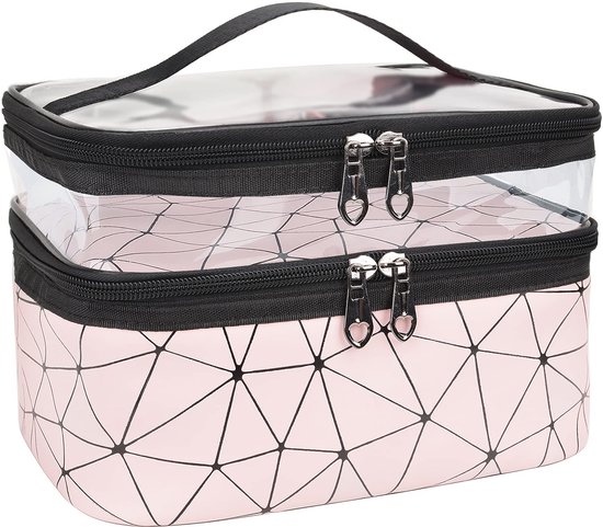 Gigicial Sac de Maquillage Rose - Sac de Rangement Cosmétique - Design à Double Couche Surface Imperméable - 1 - Utilisation en Voyage et au Bureau Rouge
