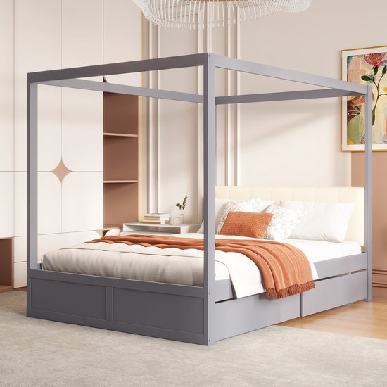 Wishdor – Hemelbed 140x200 cm – Met Tentontwerp & 2 Opberglades – Gestoffeerde Rugleuning – Magisch & Compleet – Hout – Grijs