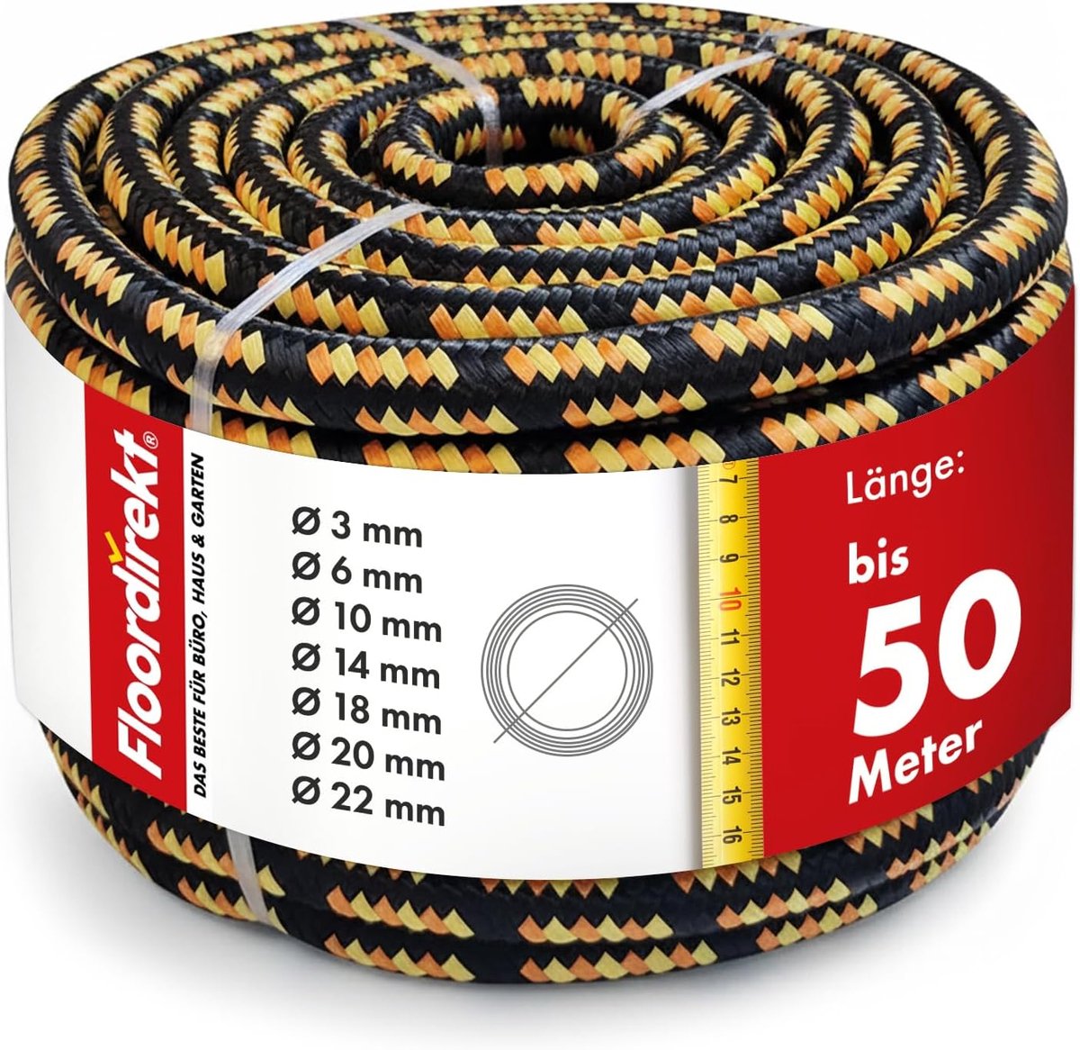FLOORDIREKT Polypropyleen Touw K2 - Scheurvast, UV-bestendig & Drijvend Touw - Dikte: 10 mm - Lengte: 30 m - Zwart-Oranje - voor Algemeen Gebruik - voor Tuin, Camping, Boot & Landbouw - Verkrijgbaar in Vele Kleuren, Diktes & Lengtes