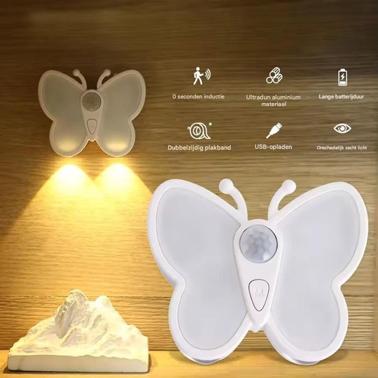 Ynkkvre - Nachtlampje met bewegingssensor - Oplaadbaar lampje - Vlinder LED-nachtlampje met spotje - Traploos dimbaar kastverlichting en trapverlichting - USB oplaadbaar - Voor trap-Gang-Badkamer-Kinderkamer-1pcs van Ynkkvre — afbeelding 2