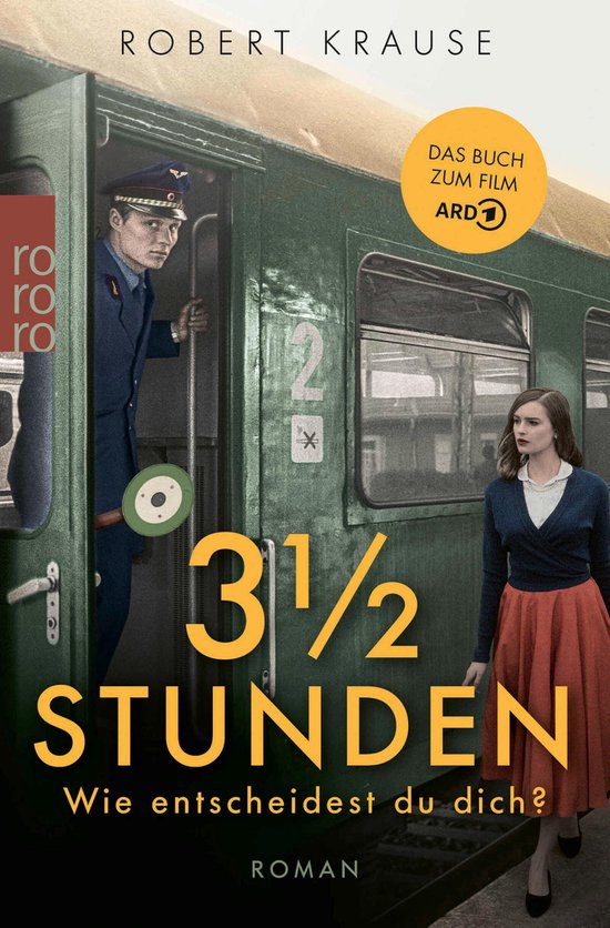 Boekomslag met een conducteursuniform en een vrouw bij een treindeur. Titel: 3½ Uur.