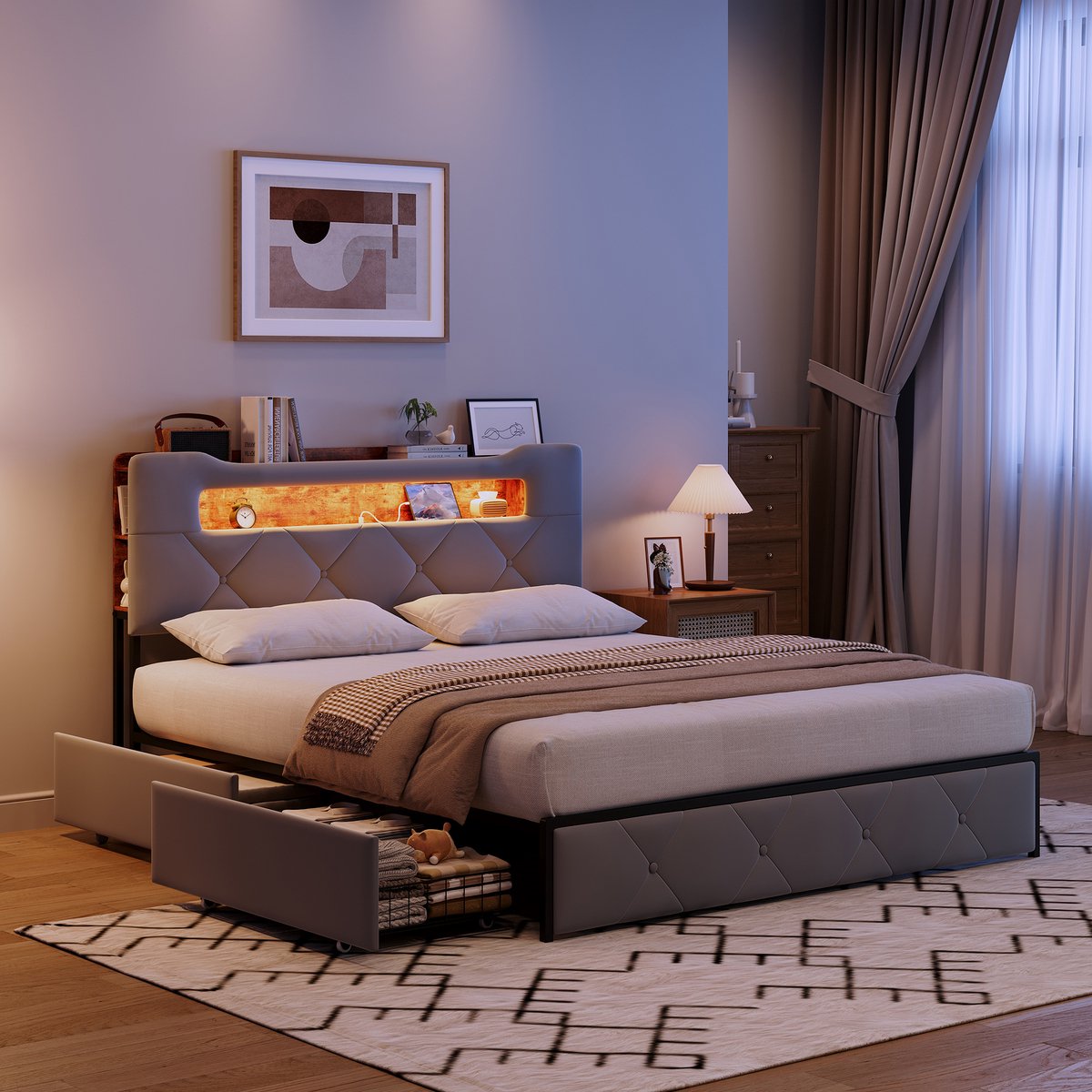 Gestoffeerd bed 140×200 cm in grijs – zachte fluwelen bekleding, hoofdeinde met opbergruimte en USB-poort, 4 lades onder het bed voor royale opbergruimte