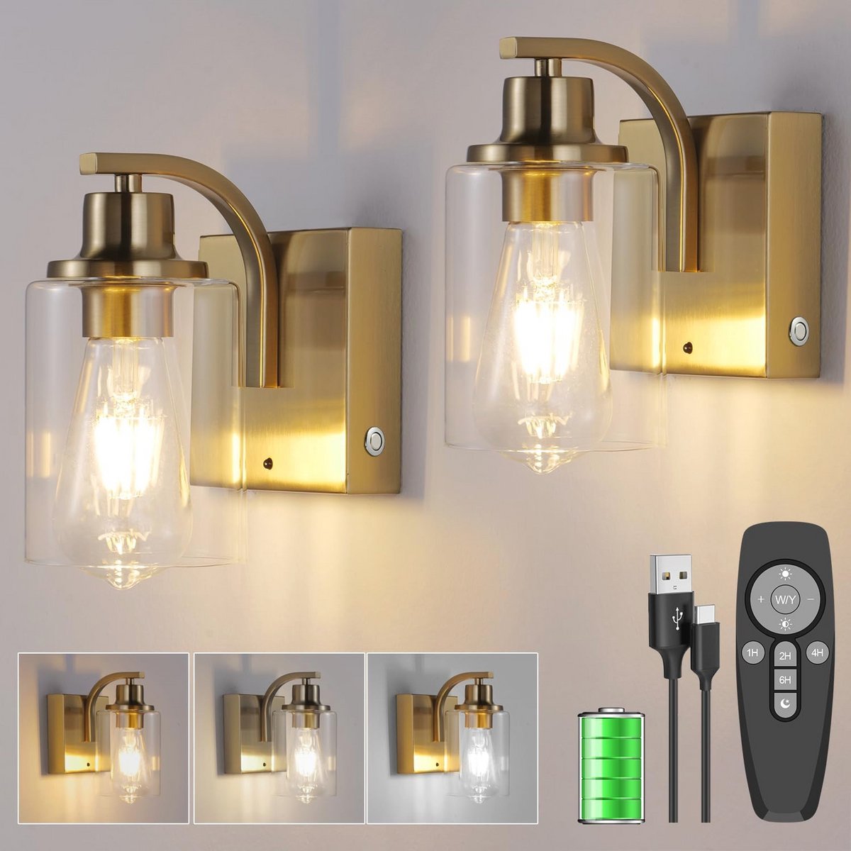 Dimbare USB-C Oplaadbare Wandlamp Set - 2 Stuks, Snoerloos met Afstandsbediening, Ideaal voor Woonkamer en Slaapkamer