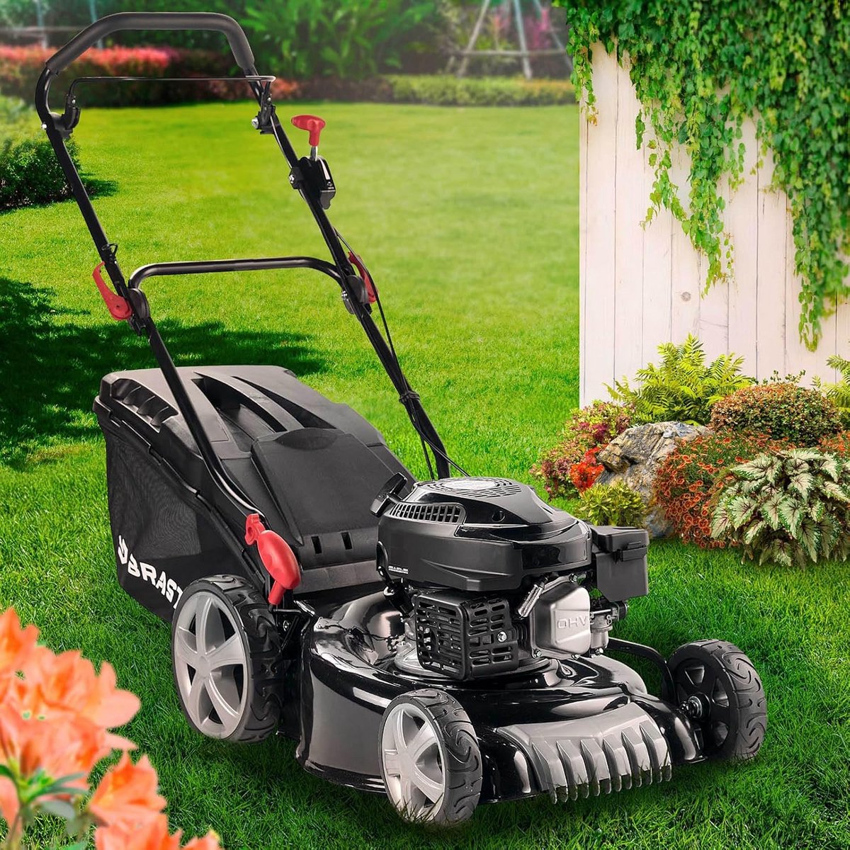 Benzine grasmaaier 46 cm met krachtige 4-takt motor en maaifuncties