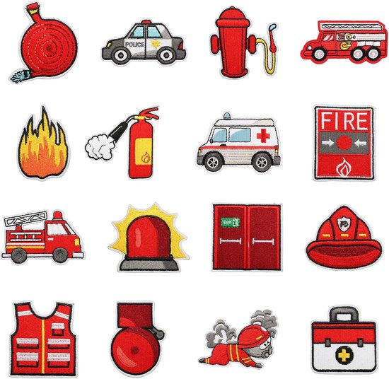 Pack van 16 Strijkbare Brandweer Patches - Vuurmotor Vlammen - Brandwerende Patches voor Strijken of Naaien voor Jassen - Rugzakken - Schooltassen - 1.2 cm Dik