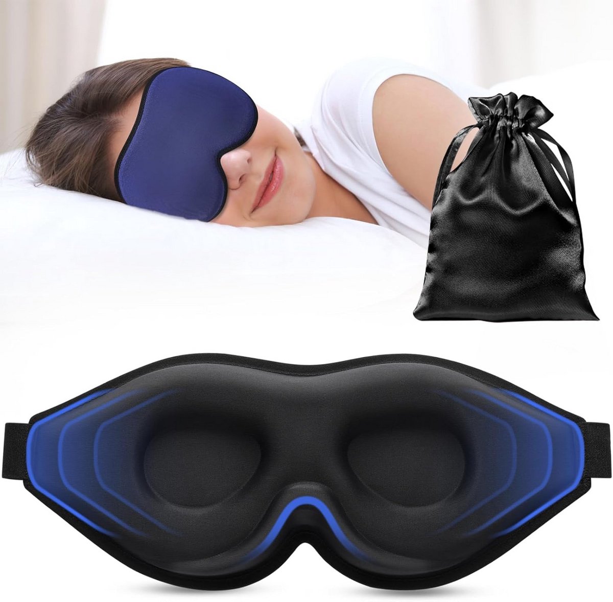 3D-slaapmasker voor zijslapers - Ondoorzichtig en comfortabel - Ideaal voor reizen, marineblauw
