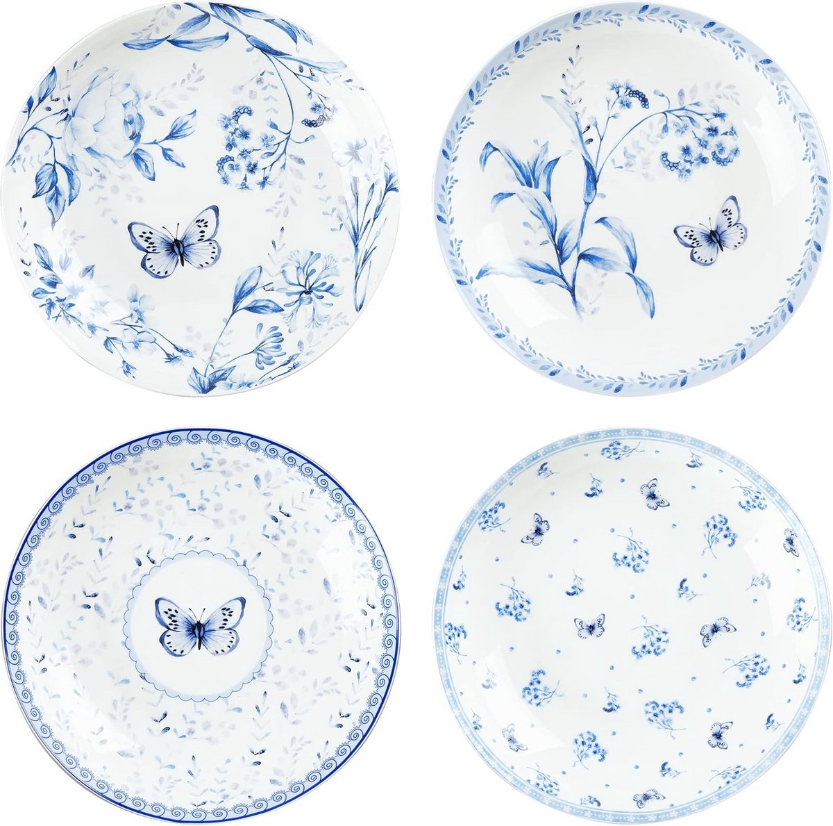 Set van 4 Ø20,8 cm Dinerborden - Keramiek met Blauwe Vlinder - Vaatwasser- en Magnetronbestendig