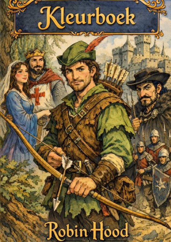 Kleurboek met Robin Hood, een prinses en een kasteel op de achtergrond.