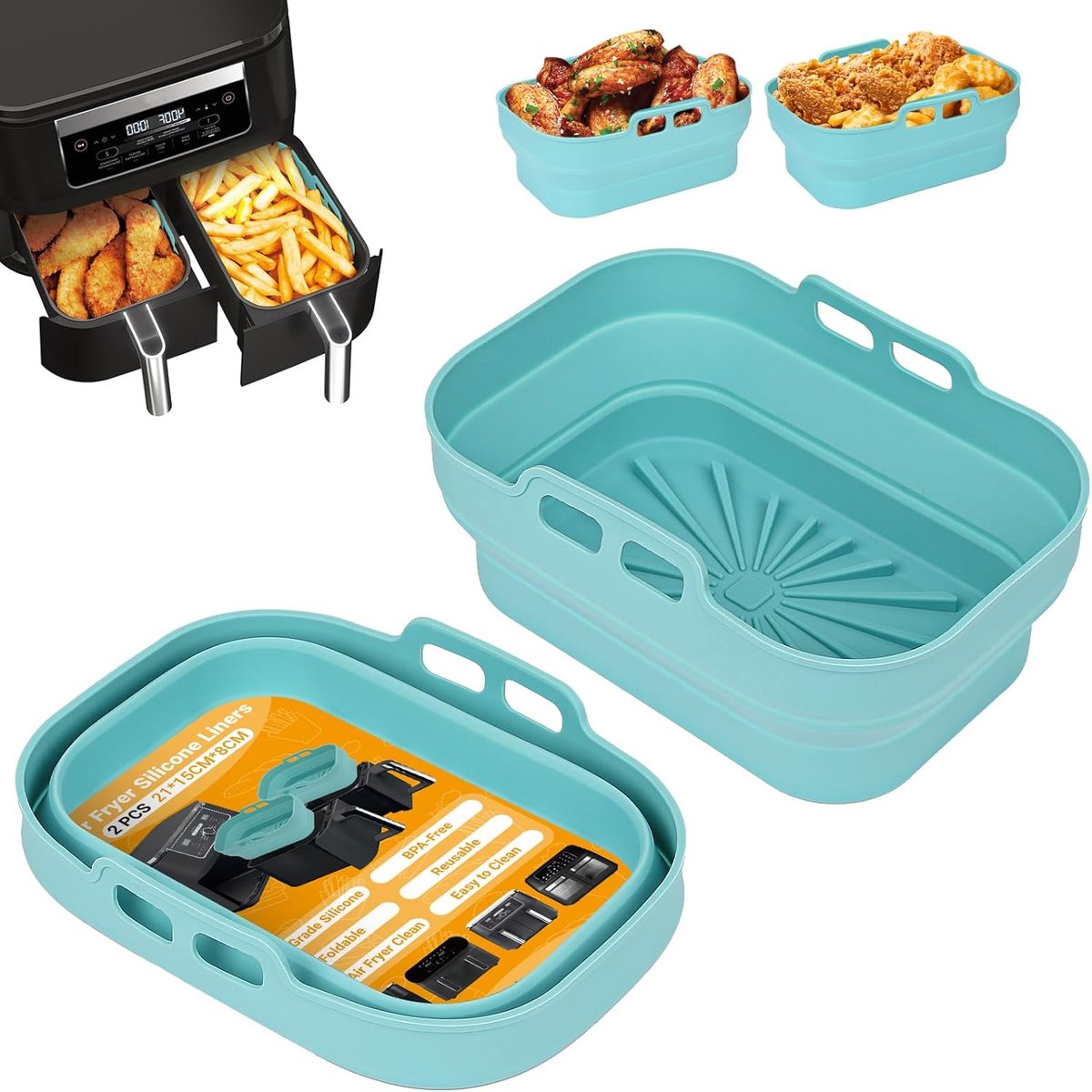 Famanu – Siliconen Pot - 2 Stuks Herbruikbare Mandjes voor Heteluchtfriteuse - Rechthoekige Opvouwbare Tray Basket Liners voor Lucht Frituur - Oven - Magnetron (Blauw)