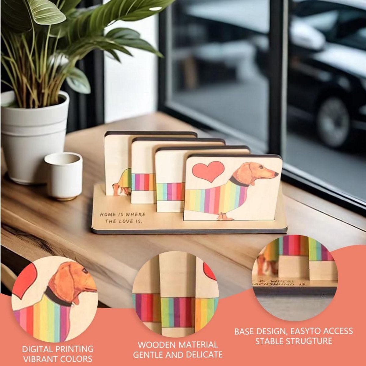Set van 4 Houten Onderzetters met Teckel Design - Tafelbeschermers voor Glazen en Kopjes