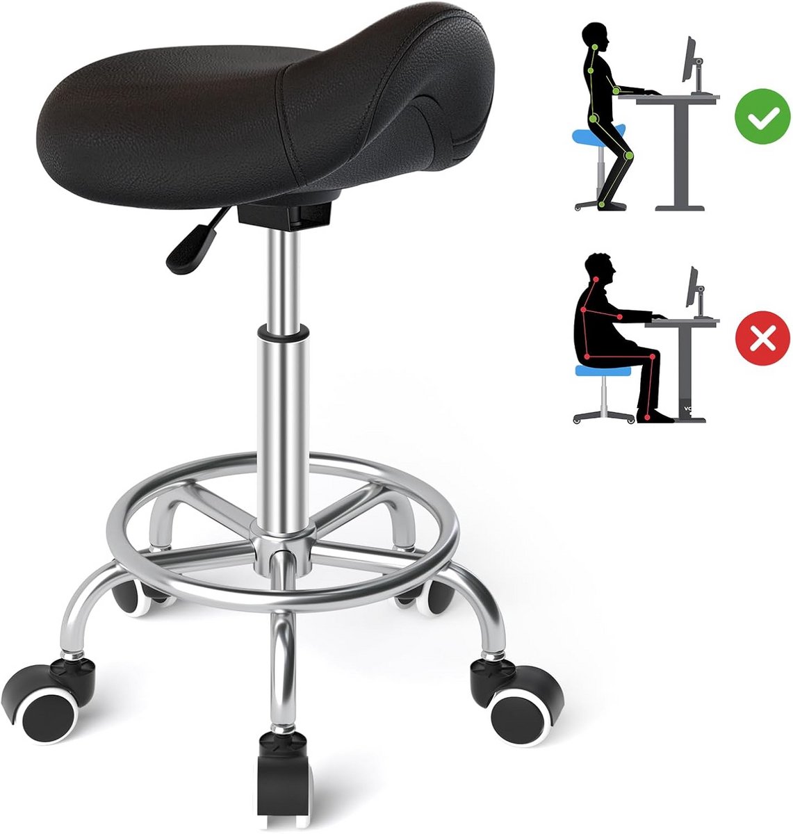 Ergonomische Zadelkruk Verstelbaar met Wielen voor Kantoor en Studio
