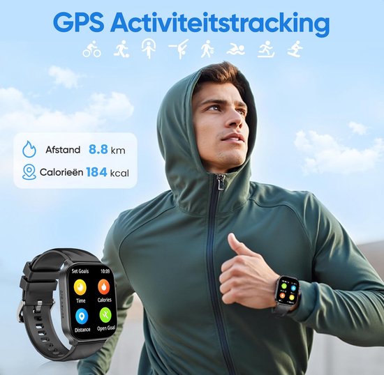 Man in sportkleding met zwarte smartwatch die GPS-activiteit toont, inclusief afstand en calorieën.