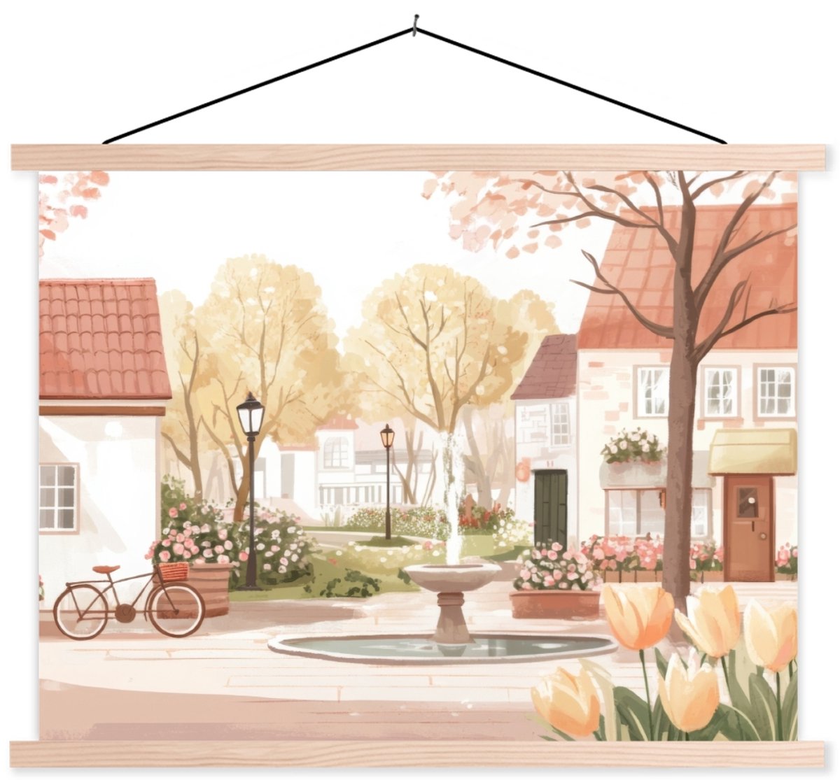 Posterhanger incl. Poster 60x45 cm - Schoolplaat - Dorpsplein - Fontein - Tulpen - Textiel