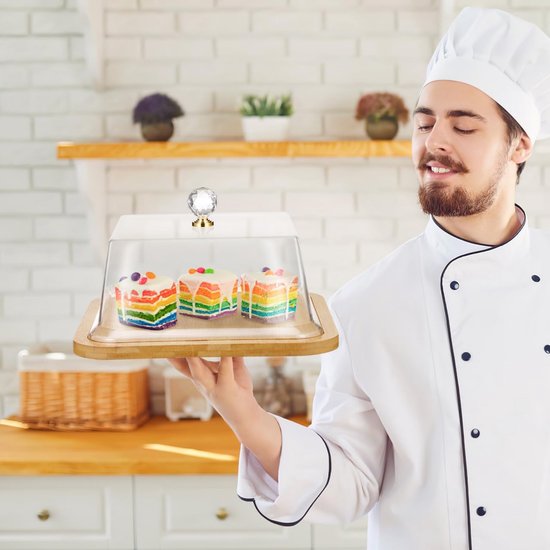 YedZen Taartplaat met deksel, 28 cm, breukveilige cakeplaat met kap en houten handgreep, taartbel acryl, houten taartstandaard, taartstandaard, cakebel voor taarten, fruitschaal, feest, desserts