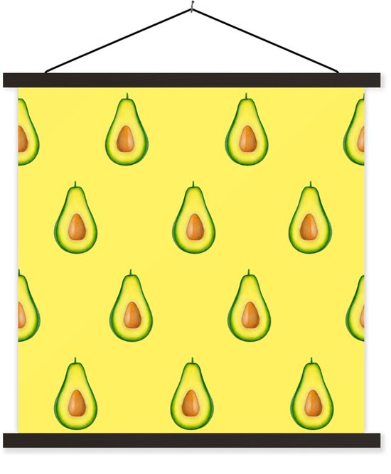 Posterhanger incl. Poster 90x90 cm - Schoolplaat - Avocado - Patroon - Fruit - Textielposter - Zwarte latten