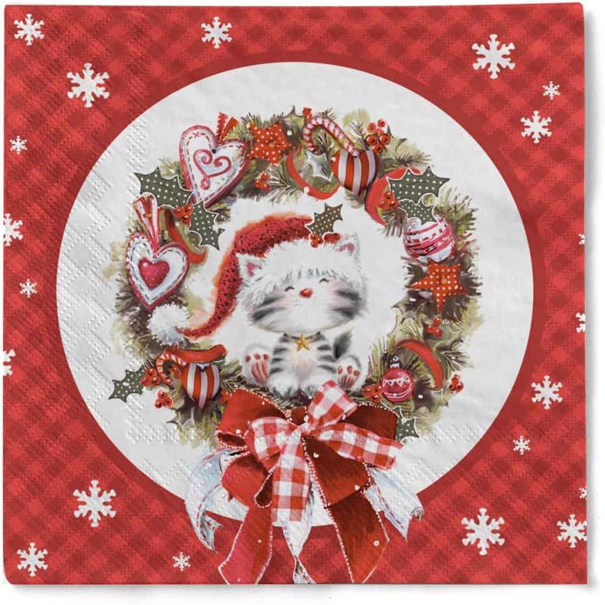 Kerstservetten Schattige Kitten met Kerstkrans - 3-laags, 33x33 cm, 20 Stuks