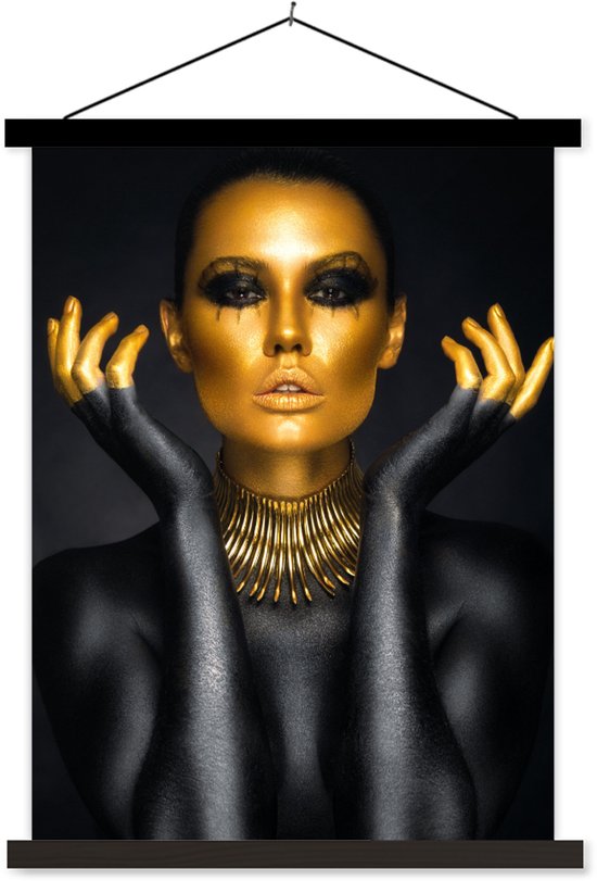 Posterhanger incl. Poster 120x160 cm - Schoolplaat - Vrouw - Portret - Goud - Luxe - Zwart - Textielposter - Zwarte latten