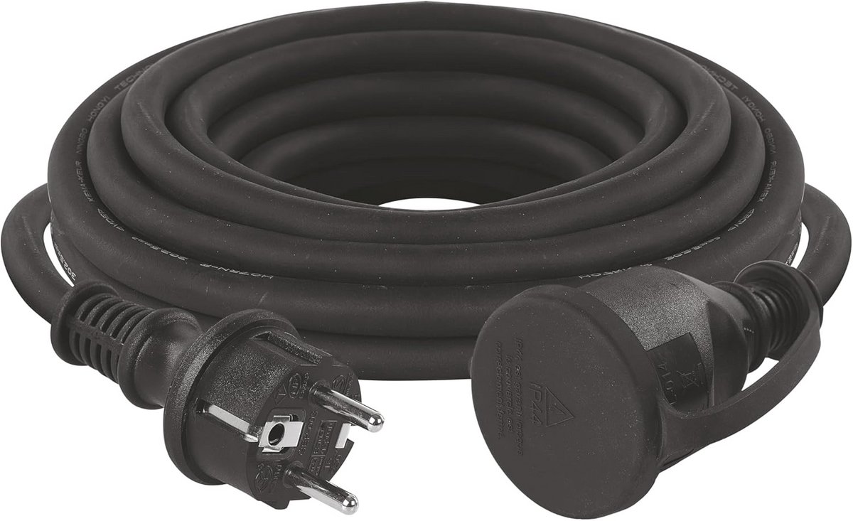 Verlengkabel 5 m IP44 - 1 geaard stopcontact - waterdicht, slagvast en temperatuur- en oliebestendig - 230 V, 16 A, 3680 W - voor buitengebruik - zwart