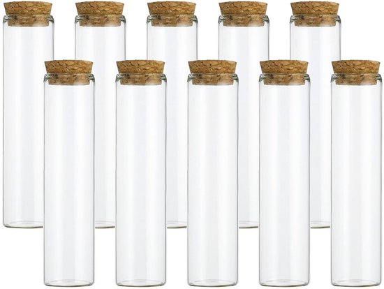 Set van 10 Glazen Reageerbuisjes met Kurk 60ml Platte Bodem voor Opslag en Experimenten