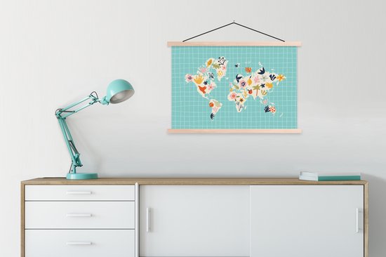 Décoration murale - Carte du Wereldkaart - Fleurs - Matisse - Affiche scolaire - 90x60 cm