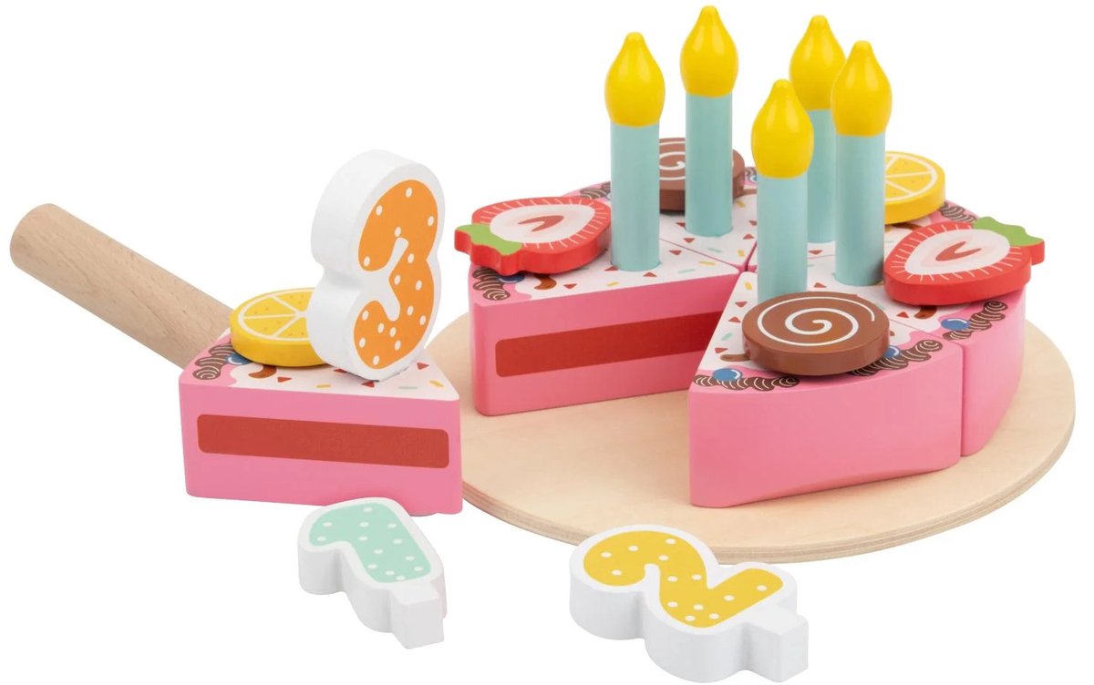 Lupilu Houten speelset Taart - Van echt Hout - Vanaf 2 jaar - Stimuleert nieuwsgierigheid en verbeeldingskracht tijdens spel - 1x taartbord, 6x stuk taart, 2x chocoladeslak, 2x sinaasappelschijf, 2x aardbeienschijf, 5x kaars, 4x kaars en 1x cakelepel