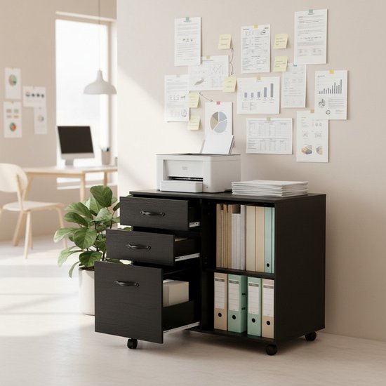 Zwarte archiefkast met printer en mappen, met 3 laden en een open vak met mappen.
