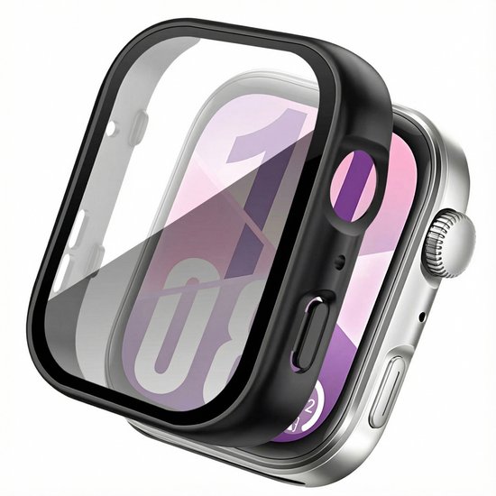 Zwarte smartwatch case met screenprotector boven smartwatch