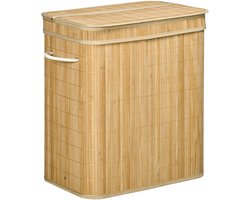 Waskorf - 54,2 x 35,2 x 59,5 cm - 2 Vakken met Verwijderbare Waszak - 90L - Bambus - Wit