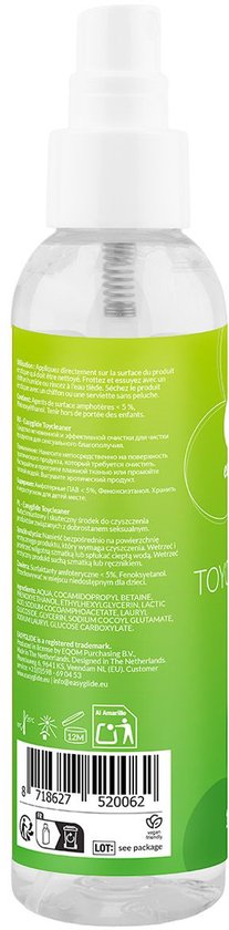 Arrière d'une bouteille EasyGlide Toycleaner avec informations produit multilingues, code-barres et symbole d'avertissement sur une étiquette verte.