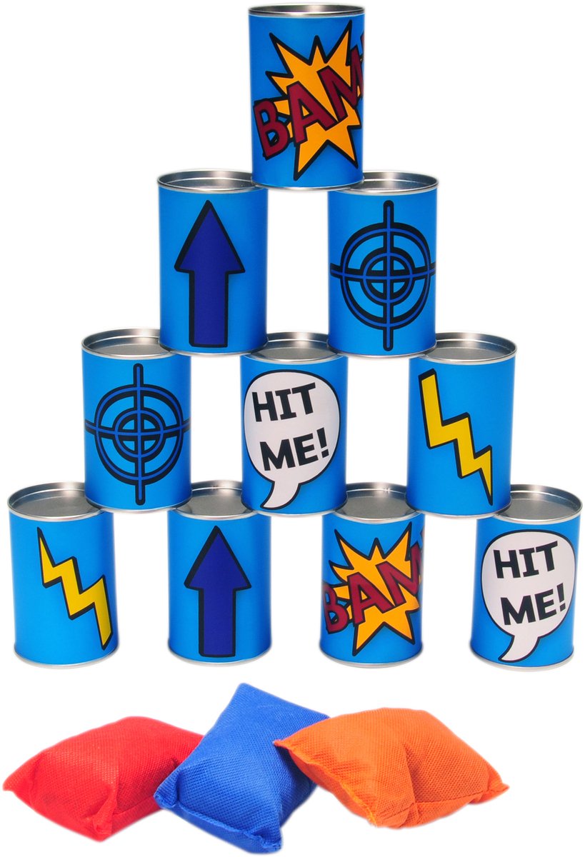 BS Toys Blikgooien Werpspel - Pittenzak Gooien - Kinderspeelgoed vanaf 3 Jaar - Buitenspeelgoed - 10 Blikken - Blauw - Spelletjes voor kinderen - Buiten speelgoed - Buitenspel - Buiten Spellen - Tuin Speelgoed - Cadeau kind — afbeelding 7