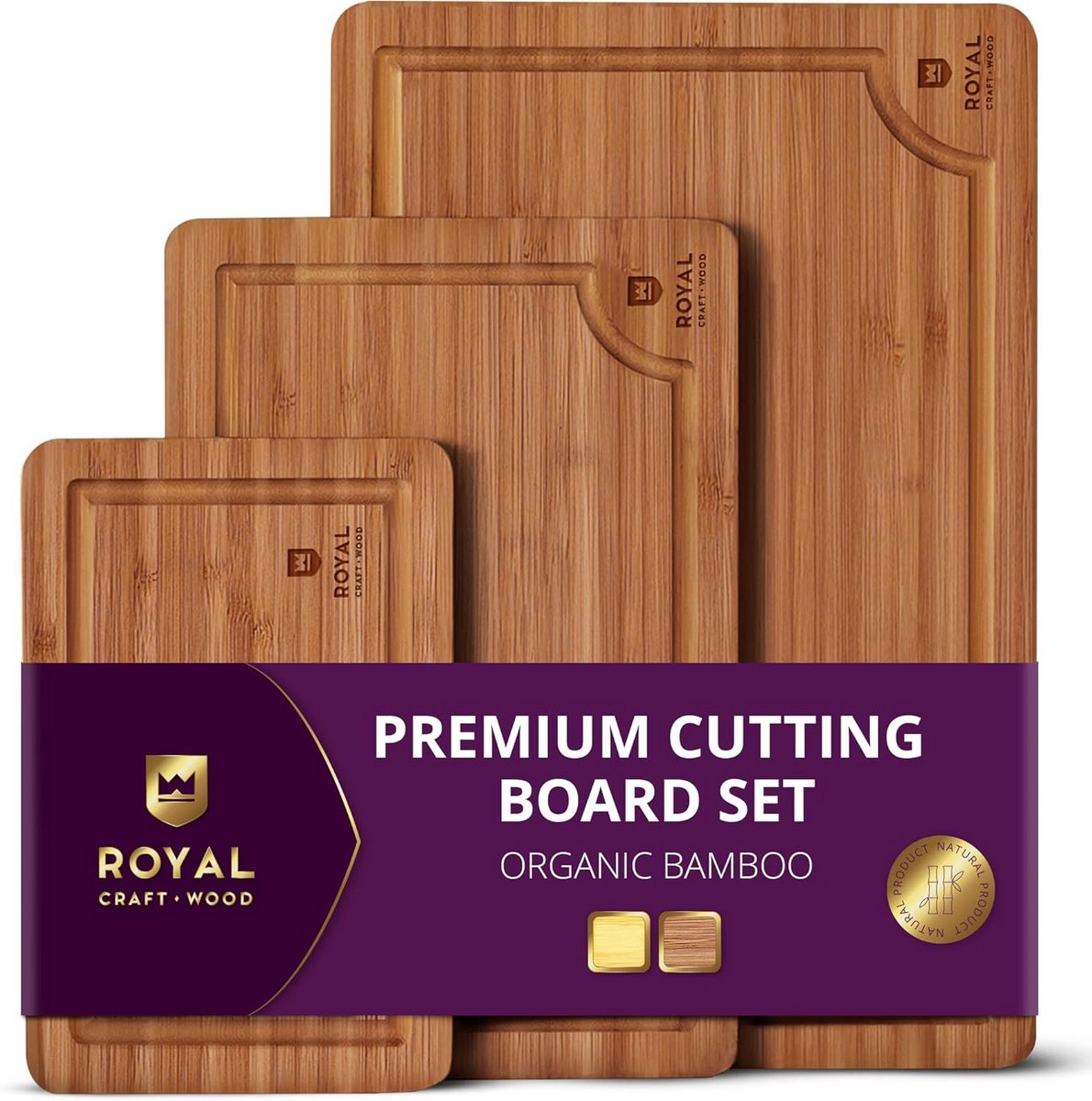 Houten Snijplank Set van 3 Bamboe Serveerplanken met Sapgoot en Handvatten