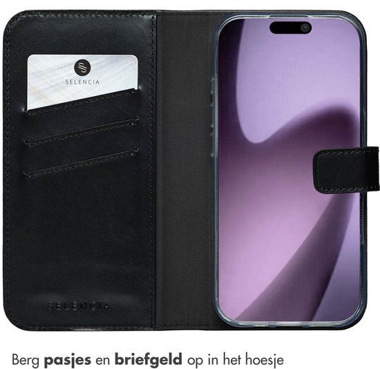 Étui Selencia - Compatible avec iPhone 17 - Bookcase en cuir véritable - Zwart