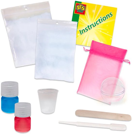 Knutselspecifieke items: twee zakjes wit poeder, twee flesjes blauwe en rode vloeistof, een witte beker, een roze netzakje, een halve bolvorm, een houten spatel en een pipet.