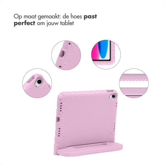 Roze tablethoes met ingebouwde standaard, met details van uitsparingen.