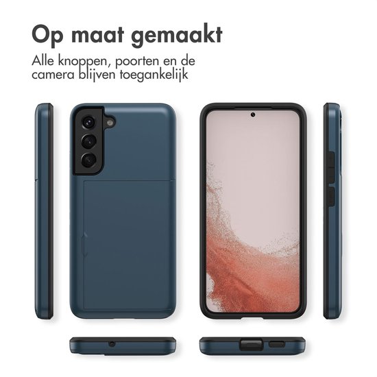 Donkerblauwe telefoonhoes met pasjeshouder, getoond vanaf alle kanten, naast een smartphone.