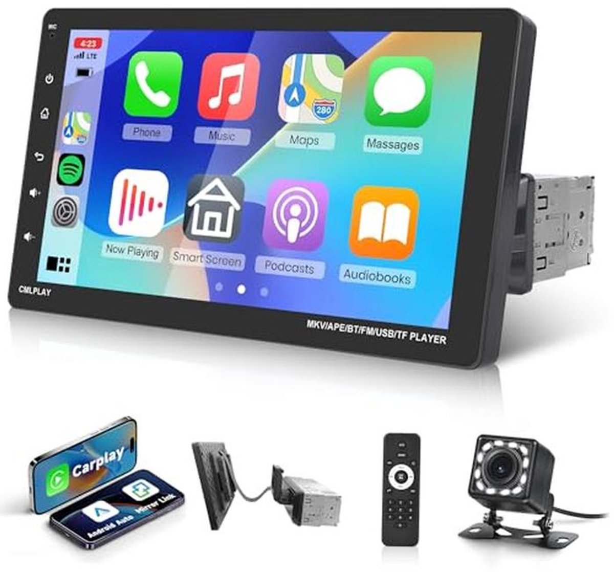 1 Din Autoradio met 9 Inch Verwijderbaar Scherm, Carplay en Android Auto, Mirror Link, FM/USB/EQ/AUX/SD, Stuurwielbediening en Achteruitrijcamera