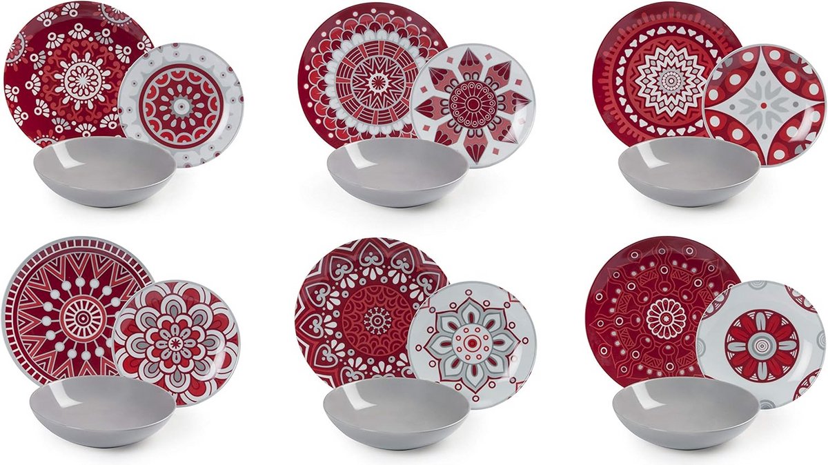 Mandala rood tafelservies 18-delig porselein