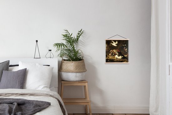 Posterhanger incl. Poster 40x40 cm - Schoolplaat - Eenden - Schilderij van Melchior d'Hondecoeter - Textielposter - Blanke latten