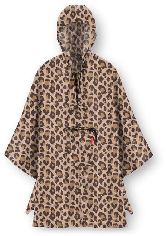 Beige luipaardprint poncho met kap, kangoeroezak en zwarte details.