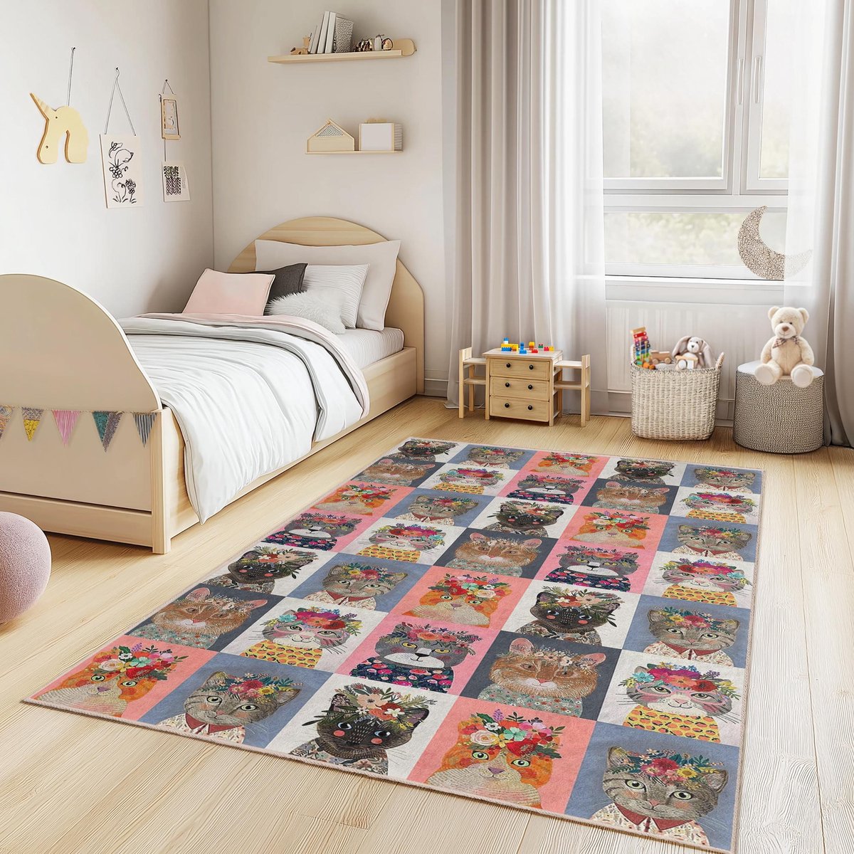 Mila Home Kattenwereld - Kindertapijt Vloerkleed voor Kinderkamer - Wasbaar - Antislip - OEKO-TEX Gecertificeerd - Multicolor - 160x230 cm - (304 6)