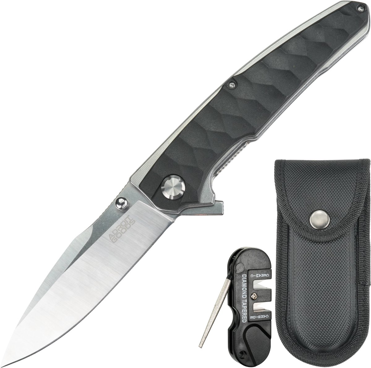 AdroitGoods D2 zakmes met G10 handgreep, Zwart - incl. hoes en slijptool - Premium opvouwbaar outdoor-mes - kogelgelagerde as, G10 handgreep, hoge slijtvastheid, ergonomisch en duurzaam voor kamperen, wandelen, survival