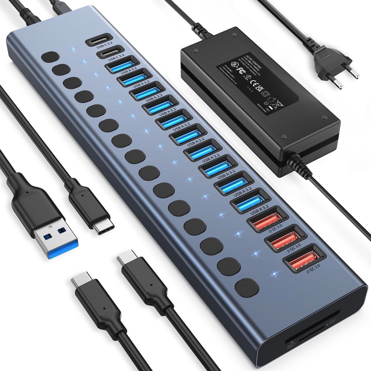 USB Hub 10Gbps met 17 Poorten en 96W Snelladen