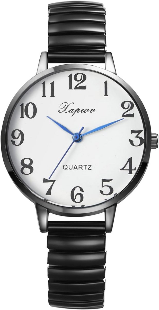 Dames Horloge met Elastische RVS Band en Grote Cijfers, Analoog Kwarts