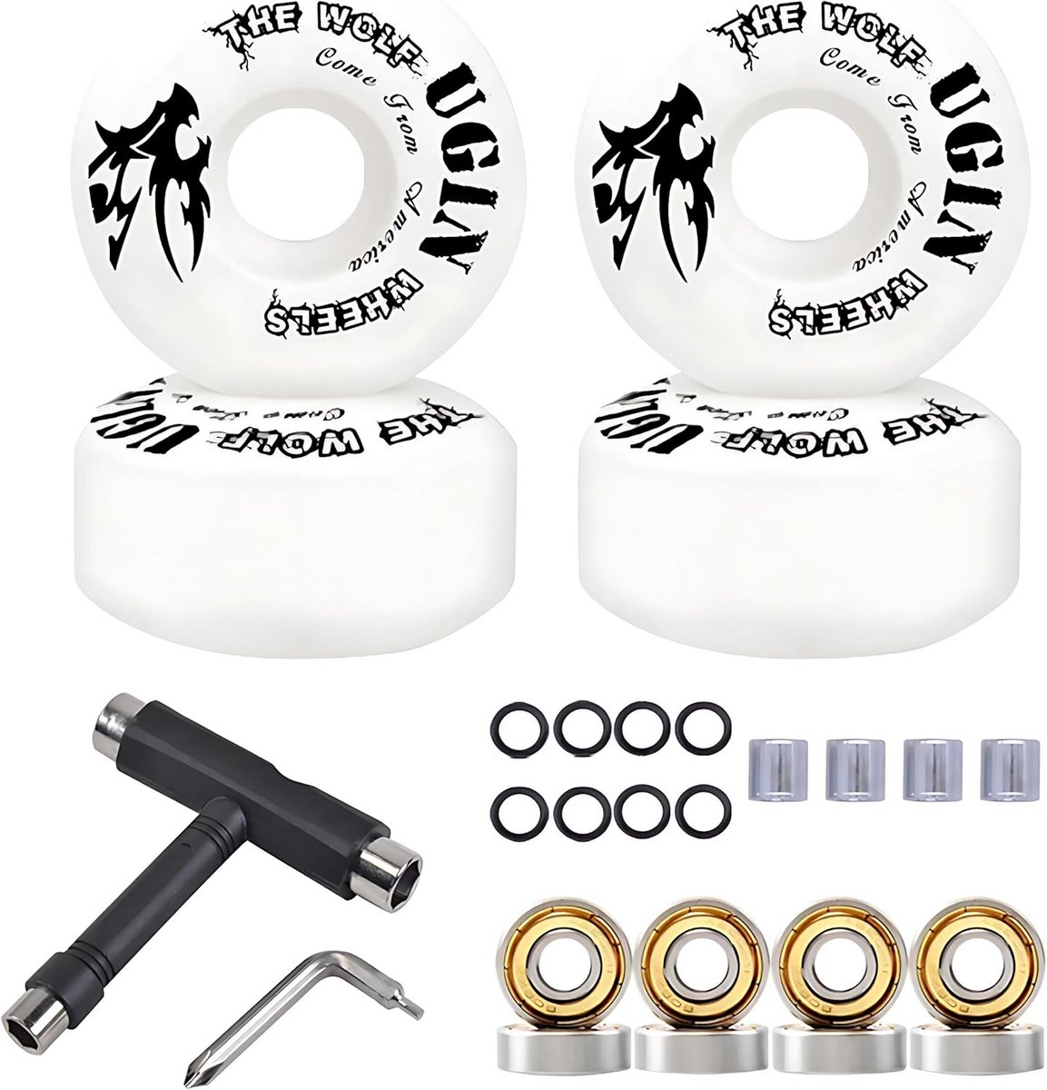 Skateboard Wielen 52mm met Lagers Spacers en Skateboard Gereedschap Wit