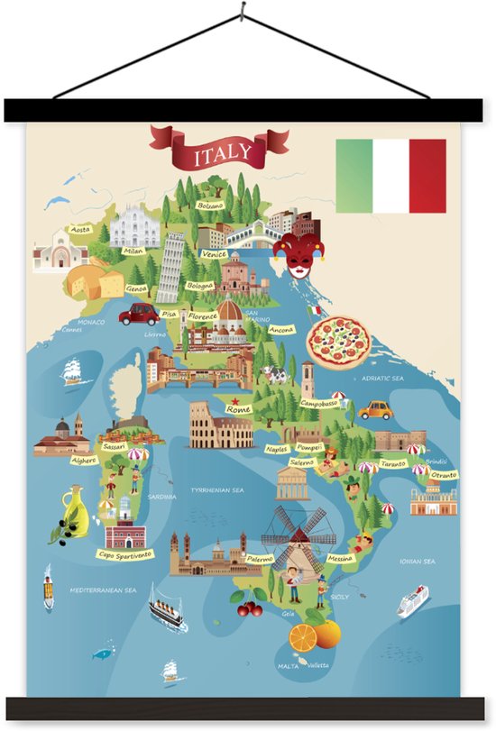 Posterhanger incl. Poster 120x160 cm - Schoolplaat - Kaart - Italië - Illustratie - Textielposter - Zwarte latten