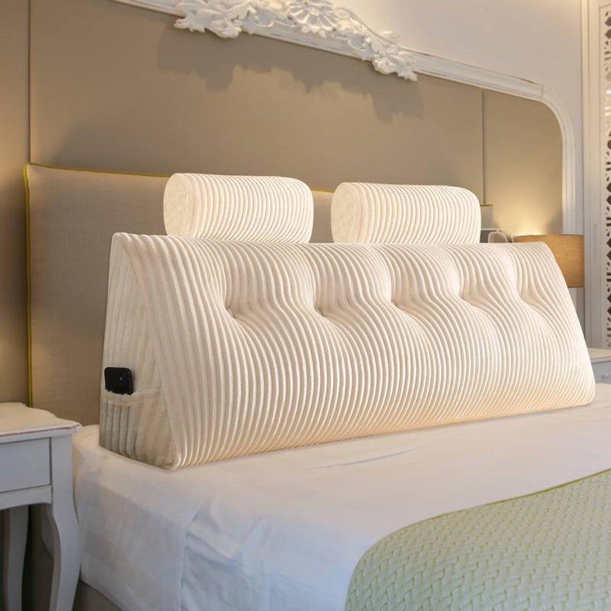 Velvet Bed Rugleuning met Plooien – Driehoekig Groot Pluche Hoofdsteunkussen met Zijzakken – Afneembare Hoes – Voor Tweepersoons- & Kingsize Bedden