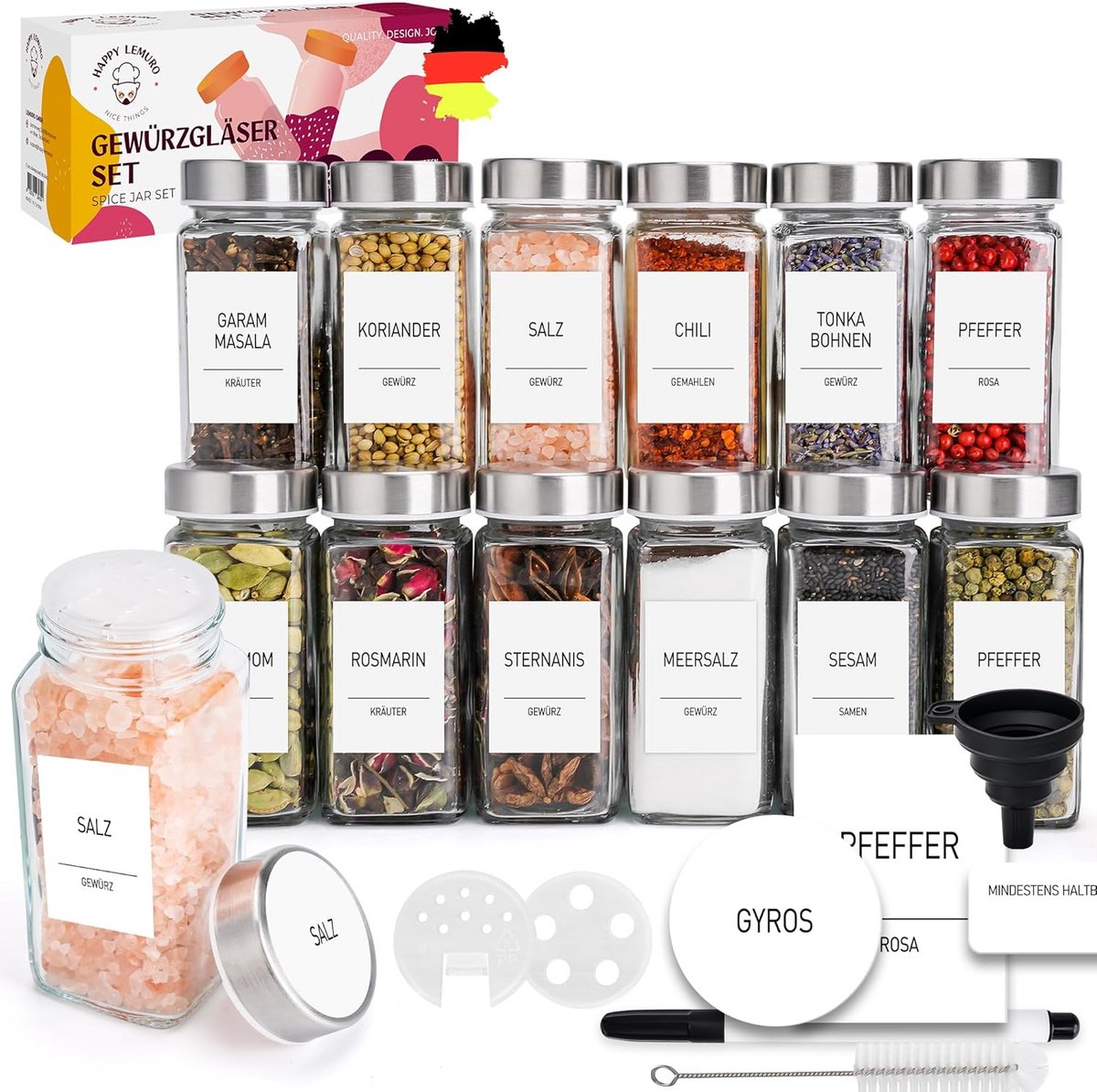 Set van 24 Kruidenpotjes 120 ml met 301 Etiketten, Maatlepels en Houders