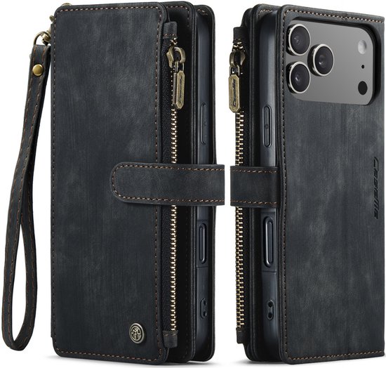 Étui portefeuille noir Caseme avec fermeture éclair, dragonne et porte-cartes. Pour iPhone 14 Pro Max.