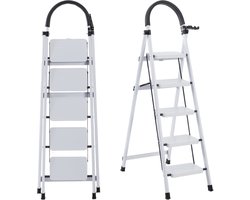 OFMOTRA Huishoudtrap 5 treden - keukentrap - Inklapbar/opvouwbar - antislip - 150kg Draagkracht - Max werkhoogte: 300 cm - Wit