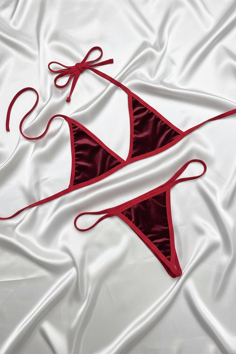 La Nuita Rode Fluweel Lingerie Set - Sexy Velvet Bh en String Set Dames - Tweedelige Strappy Bh Set (XS t/m 4XL)